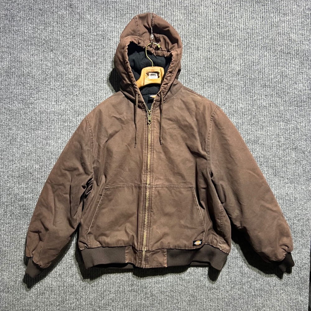 Dickies Hooded Work Jacket Mens XL Brown Duck Canvas Quilted Lined Heavy Duty